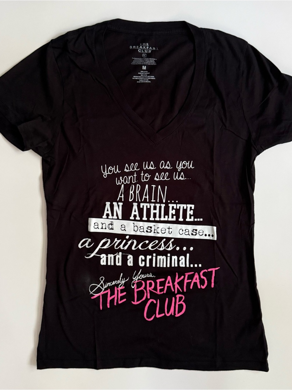 The Breakfast Club Women's V-Neck Tee - Black with Pink & White Graphic